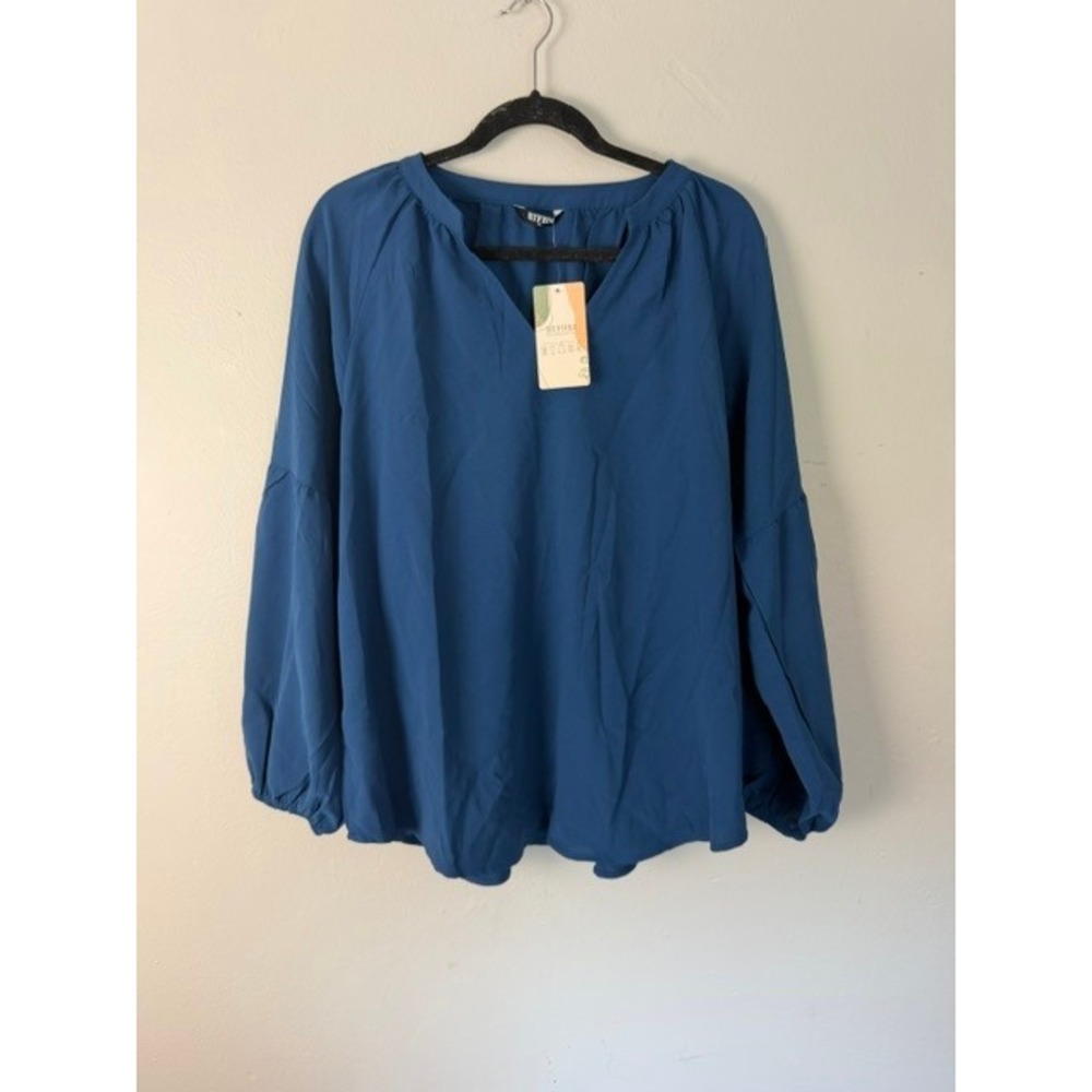 BTFBM Womens Teal Blue V Neck Lantern Sleeve Blouse Top XL NWT